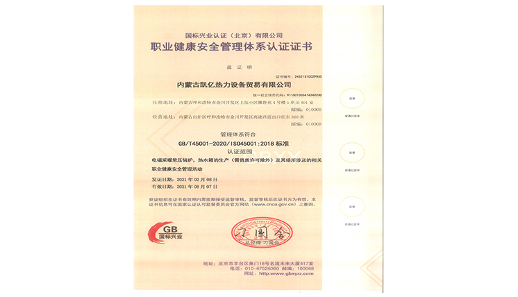 職業(yè)健康安全管理體系認(rèn)證證書